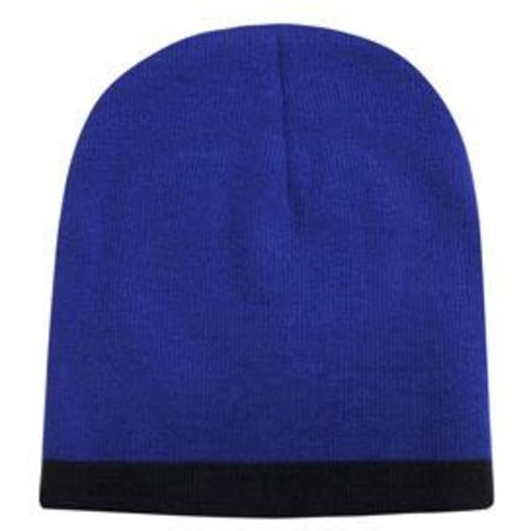 A two-tone acrylic beanie featuring a royal blue top and a black cuff, with a logo present.