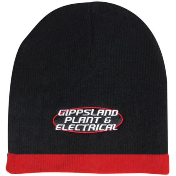 A black and red acrylic beanie with a logo on the front. The cuffed design adds a two-tone effect.