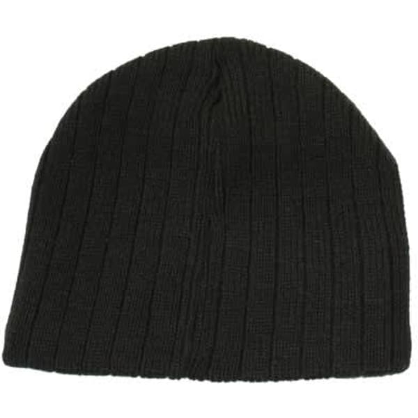 A black cable knit beanie with a textured, ribbed design and no visible branding.