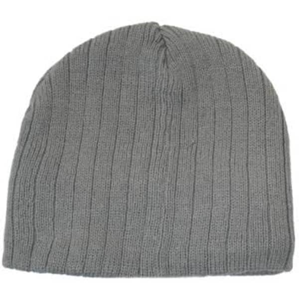 A grey cable knit beanie with a ribbed texture, featuring a simple design and no visible logos.