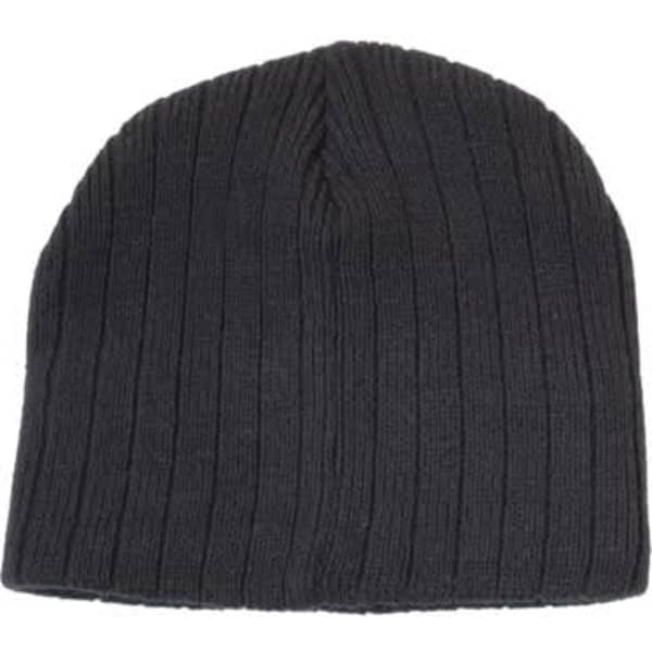 A dark grey cable knit beanie with a ribbed texture and a simple design. It has a logo on one side.