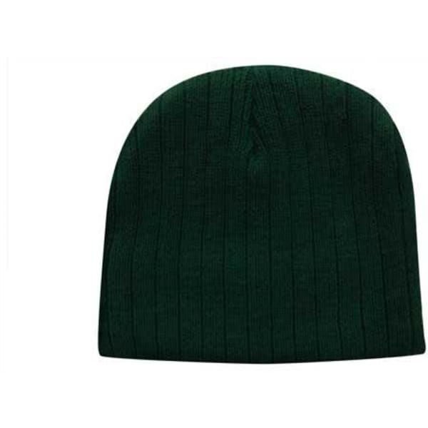 A dark green cable knit beanie with a ribbed texture, featuring a logo on the side.