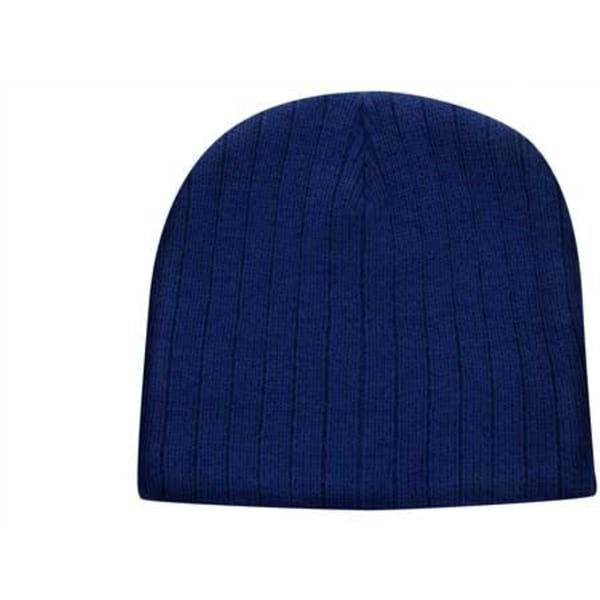 A navy blue cable knit beanie featuring a ribbed texture and a rounded top. The beanie has a logo on it.