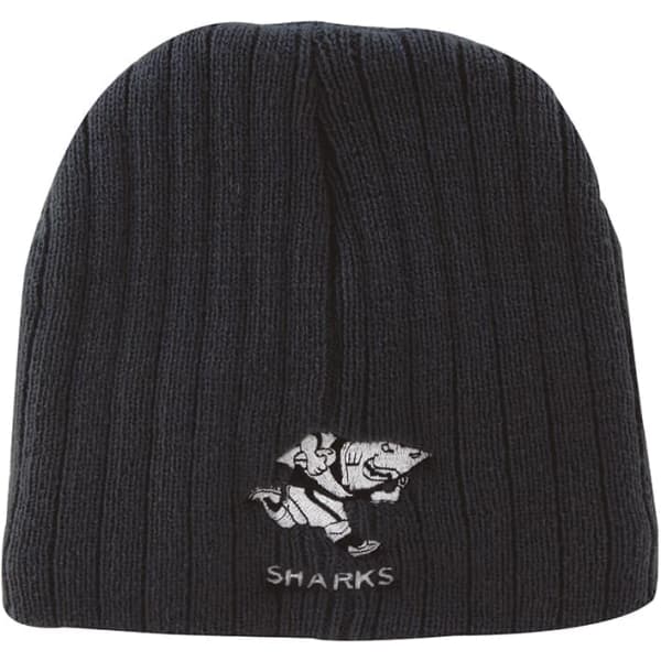 A black cable knit beanie featuring a logo of a shark and a character.
