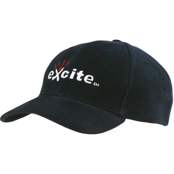 A black cap made of premium brushed heavy cotton featuring a logo on the front.