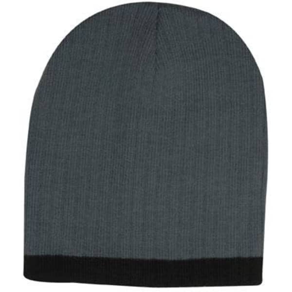 A two-tone cable knit beanie in grey with a black cuff and a logo on the side.