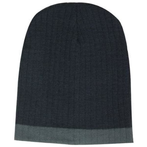 A two-tone cable knit beanie in dark grey with a lighter grey band at the bottom. It features a logo on the side.