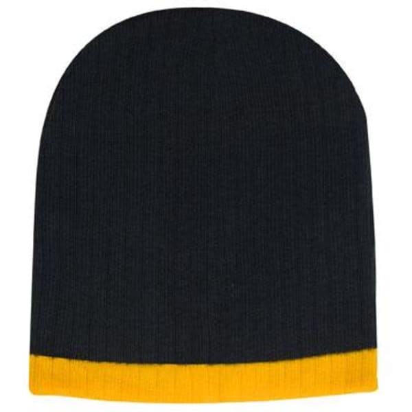 A two-tone cable knit beanie in dark green and yellow with a smooth finish and a branded logo.