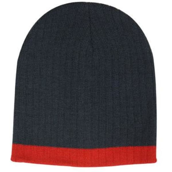 A two-tone cable knit beanie featuring a dark grey body and a bright red band at the bottom. It includes a logo.