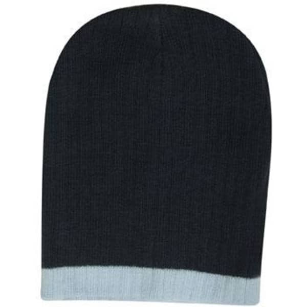A two-tone cable knit beanie in dark grey with a light grey brim. Features a branding logo.