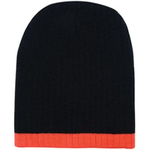 A two-tone cable knit beanie in black with an orange ribbed band at the bottom, featuring a logo.