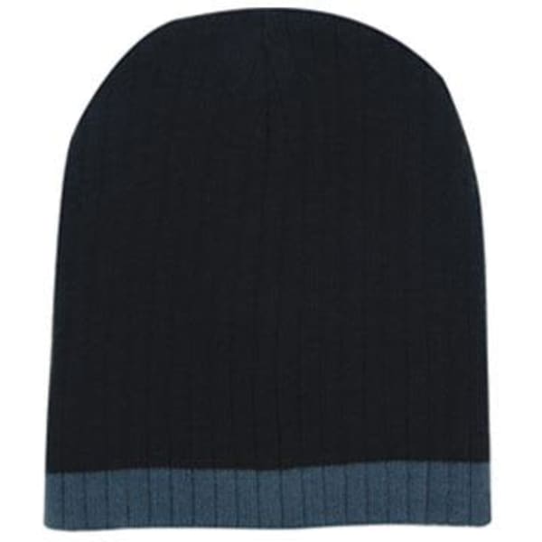 A two-tone cable knit beanie in black and grey with a ribbed design and logo.