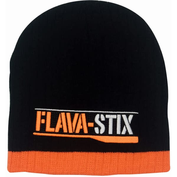 A two-tone cable knit beanie in black with an orange and white brim, featuring a logo on the front.