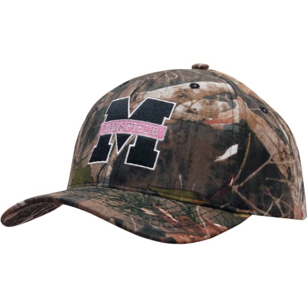 A camouflage 6-panel cap in shades of green and brown with a logo on the front.