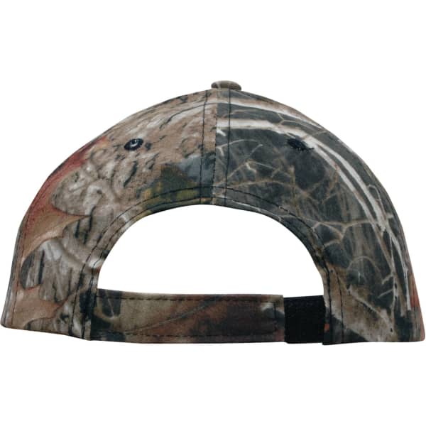 A camouflage cap featuring a mix of browns and greens, with an adjustable back strap and a logo.