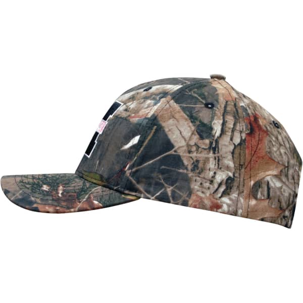 A camouflage cap featuring a leaf and bark pattern. It has a curved brim and includes a logo on the side.