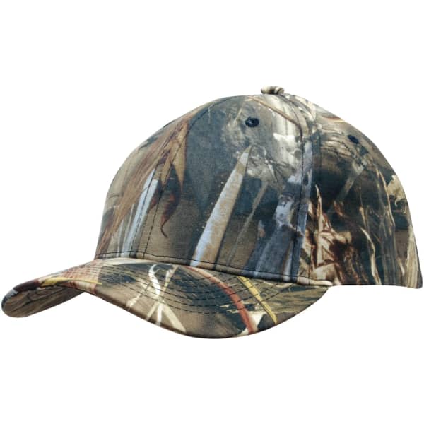 A camouflage 6 panel cap in earthy tones featuring a curved brim and a logo on the front.