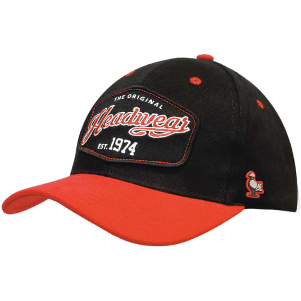 A black and red cap with a branded patch and logo on the side.