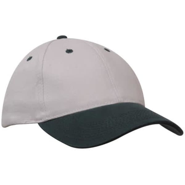 A brushed heavy cotton cap in white with a green visor, featuring a logo on the front.