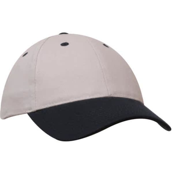 A two-tone cap featuring a beige crown and a black peak. The cap has an adjustable strap and a logo.