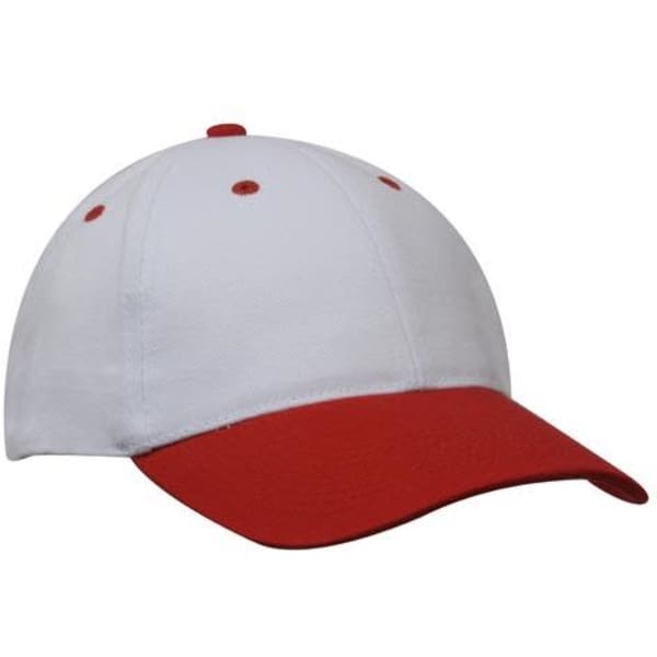 A red and white brushed heavy cotton cap with a curved visor and a logo on the front.