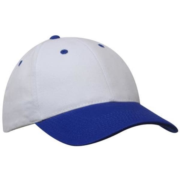 A cap featuring a white crown and a blue brim, with contrasting blue stitching and a logo on the front.