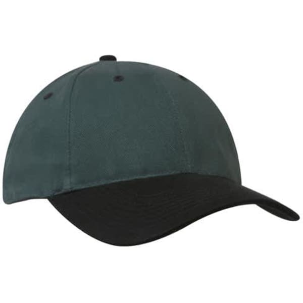 A dark green cap with a black peak and an embroidered logo on the front. 