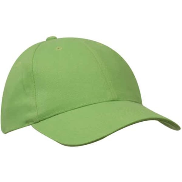 A bright green brushed heavy cotton cap featuring a curved peak and an adjustable strap, with a logo on the front.