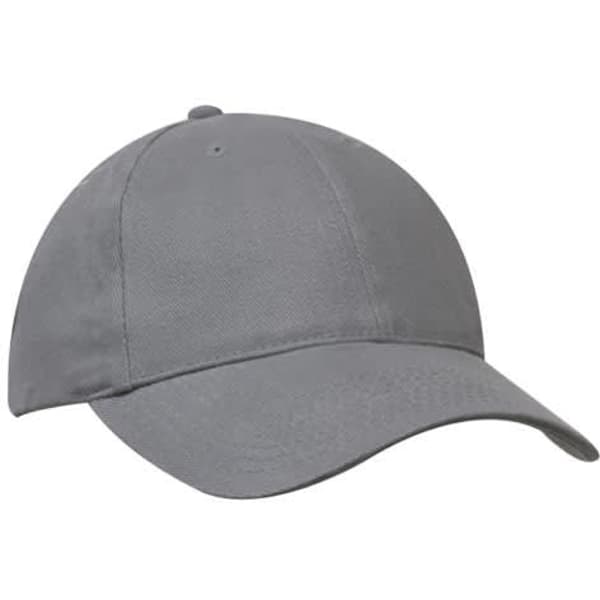 A grey brushed heavy cotton cap featuring a rounded crown and a curved brim. It includes a logo on the side.