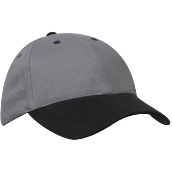 A grey and black brushed heavy cotton cap with a logo on it, featuring a structured design.