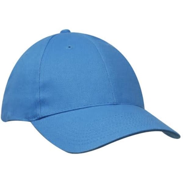 A blue brushed heavy cotton cap with a curved peak and a logo on the front.