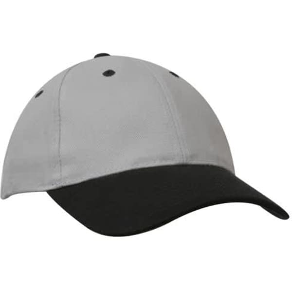 A brushed heavy cotton cap in grey with a black brim, featuring stitching details and a logo.