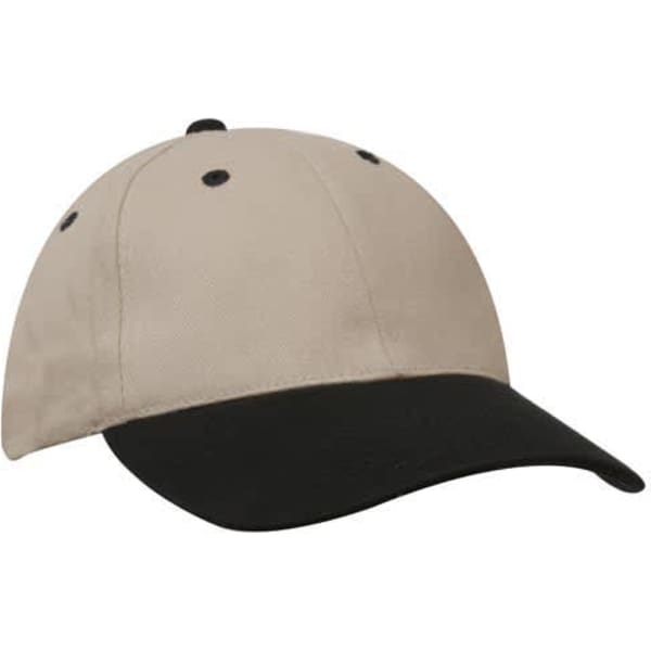 A brushed heavy cotton cap featuring a beige top and a black peak, with ventilation holes and a logo.