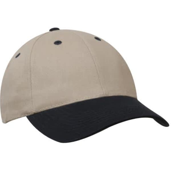 A brushed heavy cotton cap in beige with a black visor, featuring a logo on the front.