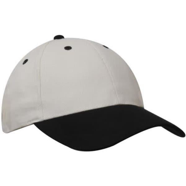 A brushed heavy cotton cap in cream with a black peak, featuring a logo on the front.
