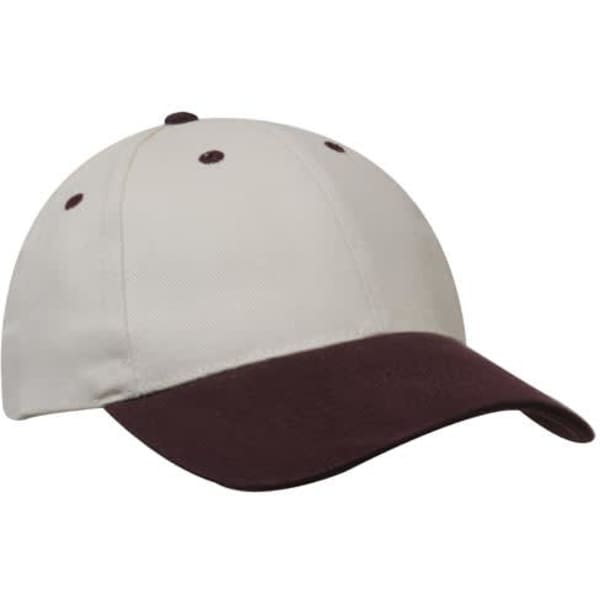 A beige cap with a dark brown peak and stitching, featuring a logo on the front.