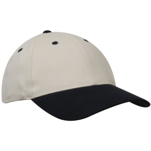 A beige and black brushed heavy cotton cap featuring a logo on the front and ventilation eyelets.