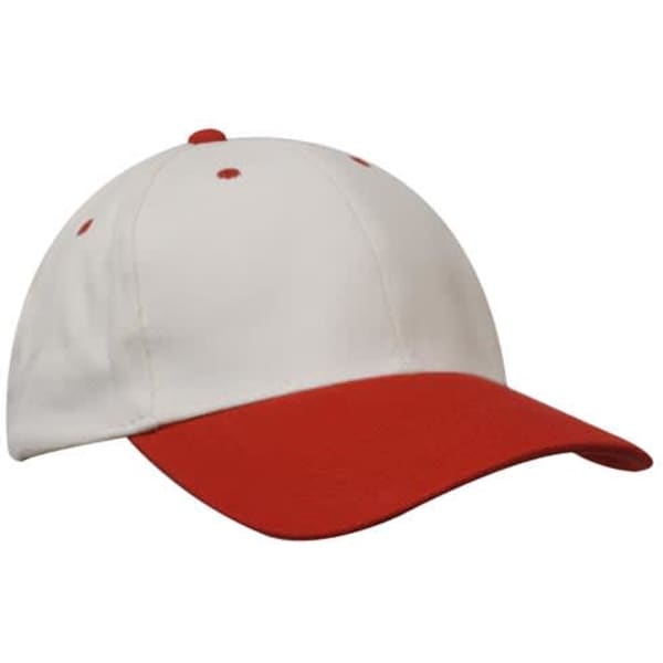 A brushed heavy cotton cap featuring a white crown and a red peak, with stitching details and a logo.