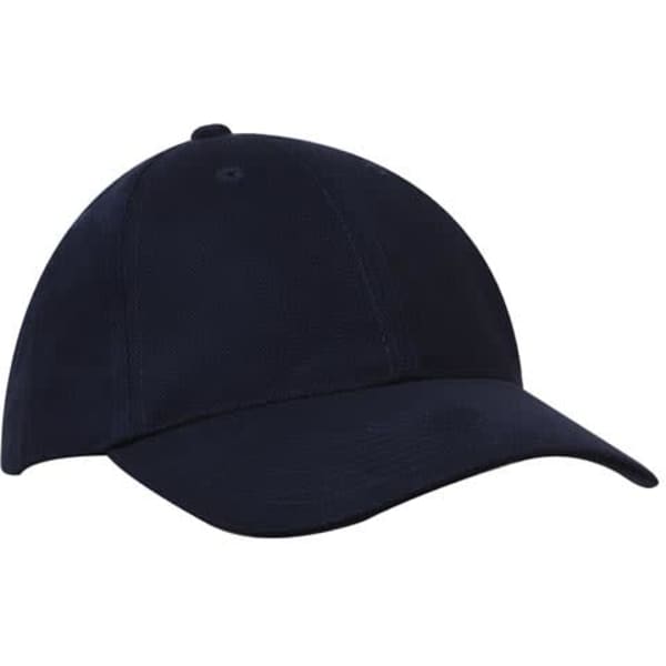A navy blue brushed heavy cotton cap with a curved brim and a branding logo.