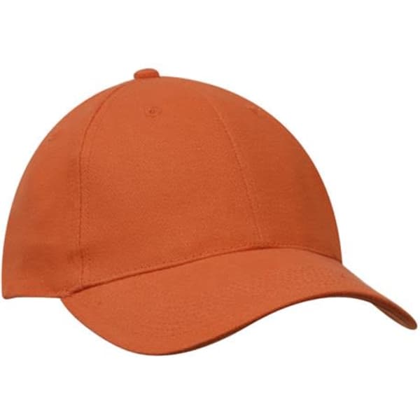 An orange brushed heavy cotton cap with a curved peak and a logo on the front.