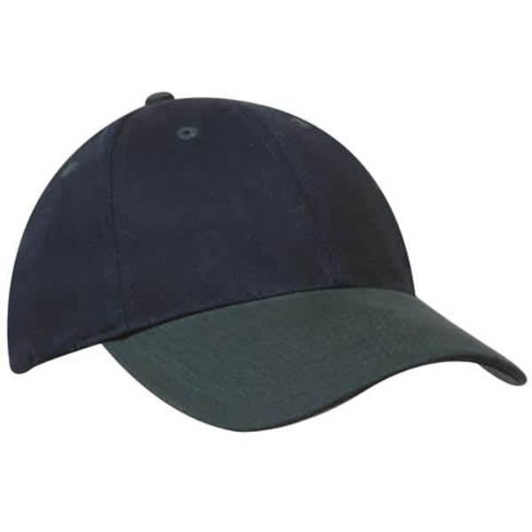A navy and dark green brushed heavy cotton cap featuring a logo on the front.