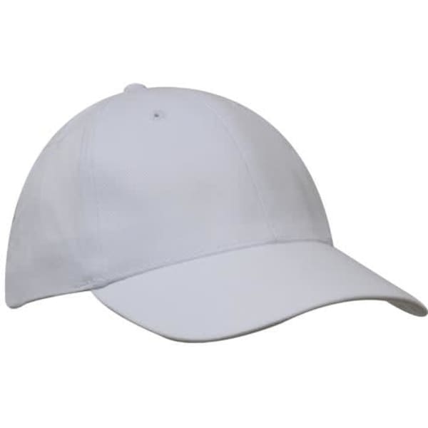 A white brushed heavy cotton cap with a curved peak and a logo on the side.