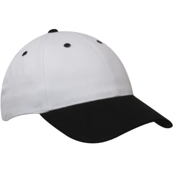 A white and black brushed heavy cotton cap with a curved visor and a logo on the front.