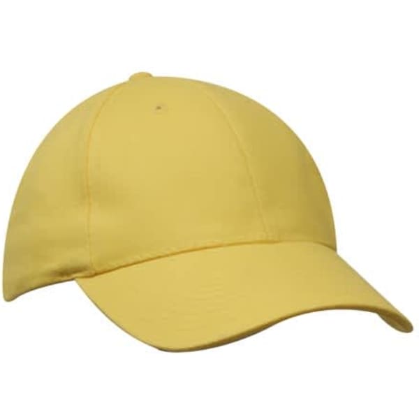 A yellow brushed heavy cotton cap with a rounded shape and a curved peak, featuring a logo.