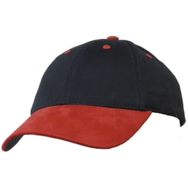 A brushed heavy cotton cap featuring a navy body and a red suede peak, with ventilation eyelets and a logo.