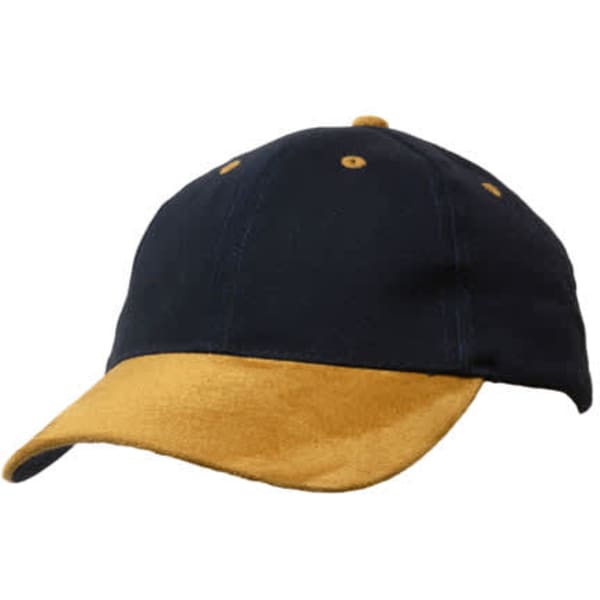 A navy cap with a suede peak in a tan colour, featuring stitching and ventilation holes. It includes a logo.