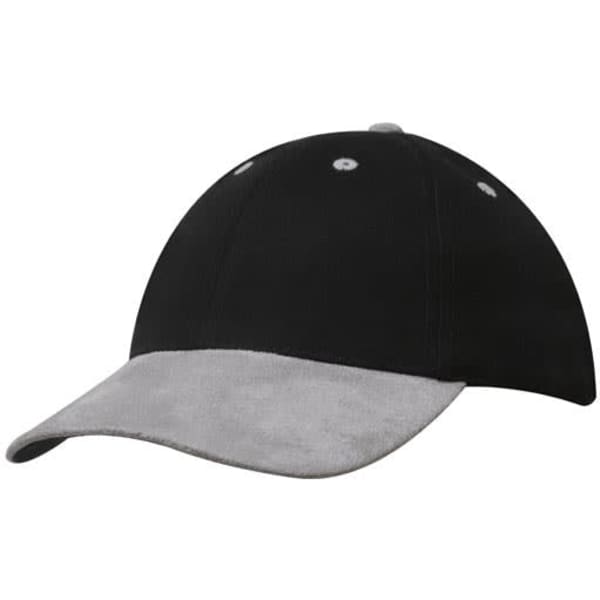 A black cap with a grey suede peak, featuring multiple ventilation holes and a branding logo.