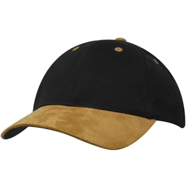 A black cap with a suede peak in a tan colour, featuring stitching and a logo.