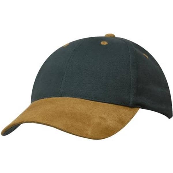 A dark green cap with a suede tan peak and stitching, featuring a logo on the front.
