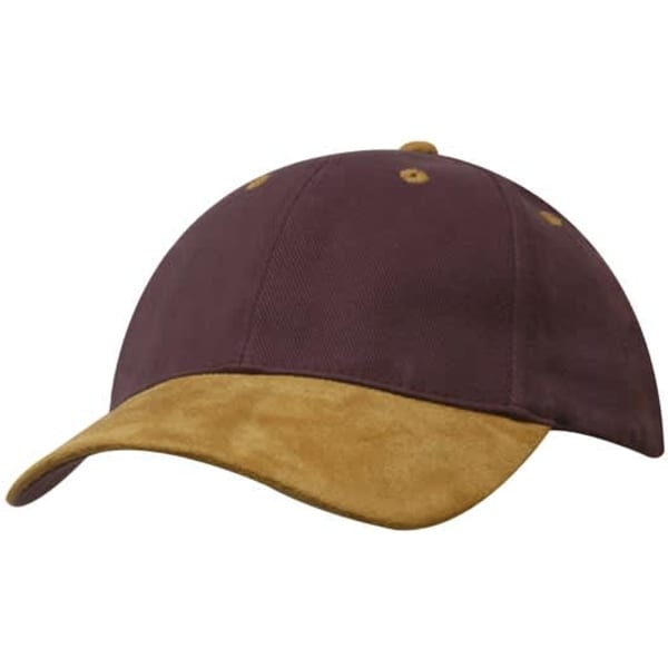 A brown cap with a suede peak, featuring a logo on the front and ventilation holes.